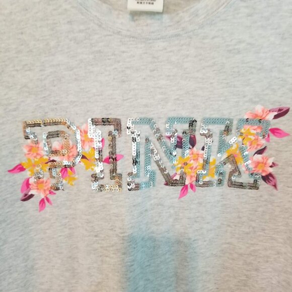 Victoria Secret PINK Bling Sequin Gray floral print long sleeve tshirt, Sz Small - Picture 5 of 12